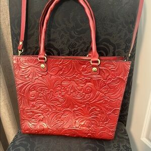 Patricia Nash Red Tote with Embossed Floral Design